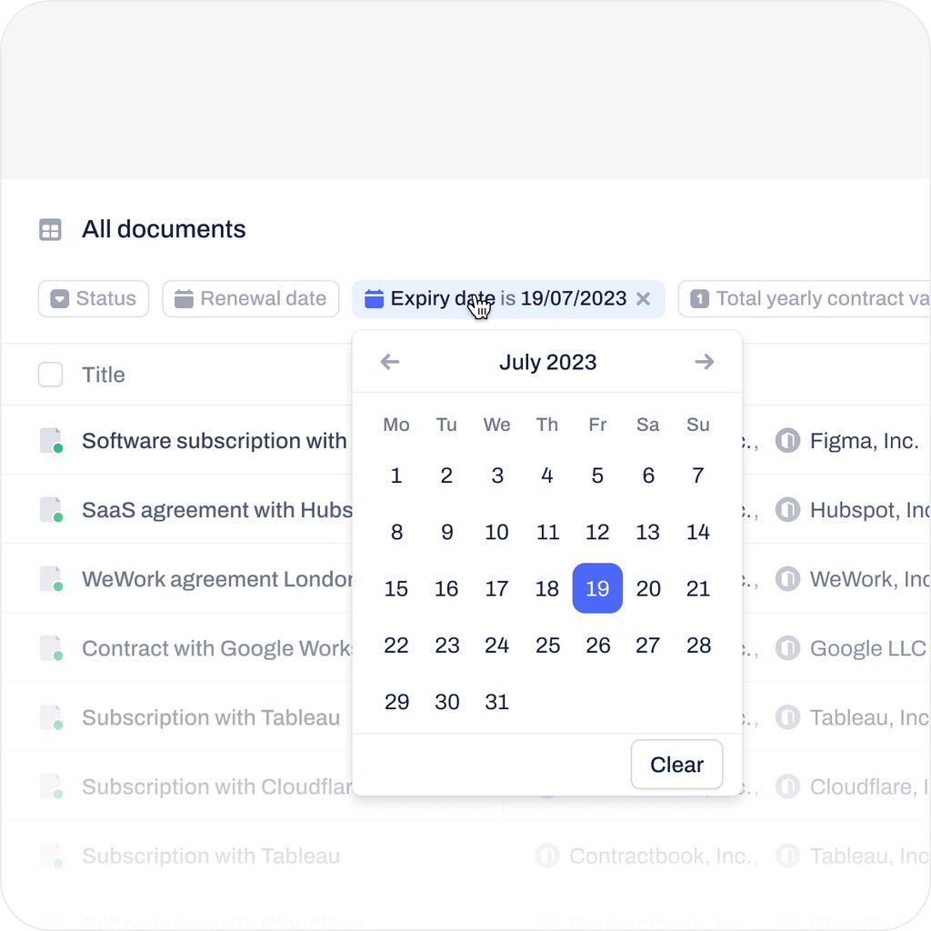 Calendar filter set to expiry date July 19, 2023.