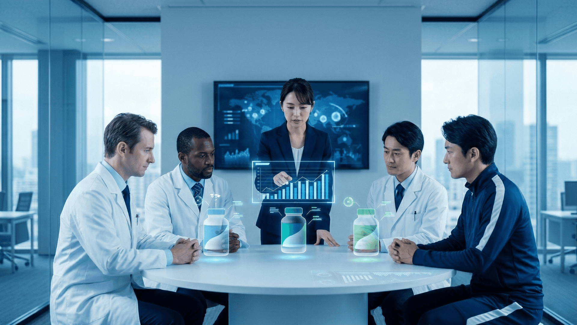 医師・マーケティング担当・アスリートがマーケティング戦略を練っている様子