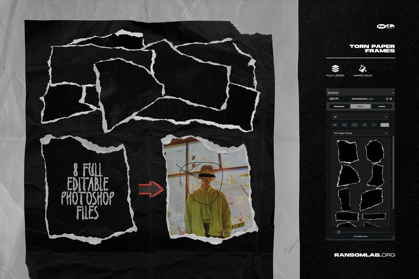 RansomLab torn paper frames including eight editable Photoshop files for creating authentic ripped paper effects