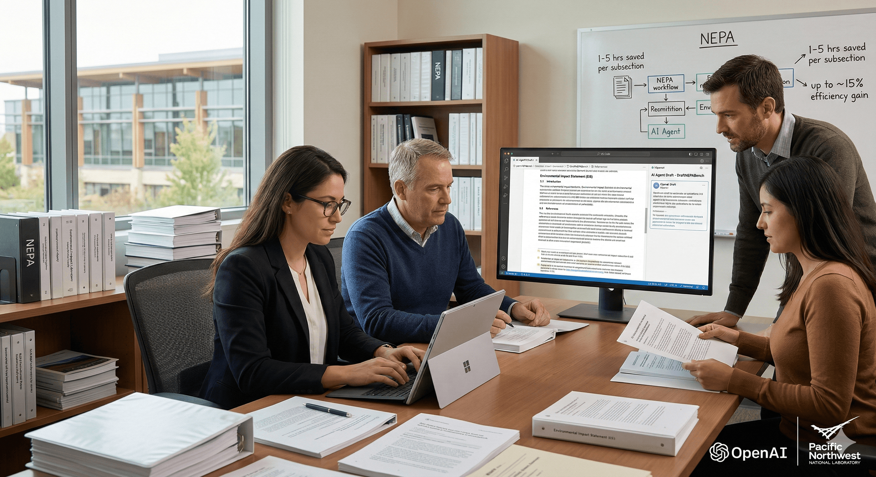 A group of four professionals engage in a discussion around a conference table, surrounded by stacks of documents and laptops, with a screen displaying a NEPA draft, illustrating how AI can speed up NEPA drafting by 15%.
