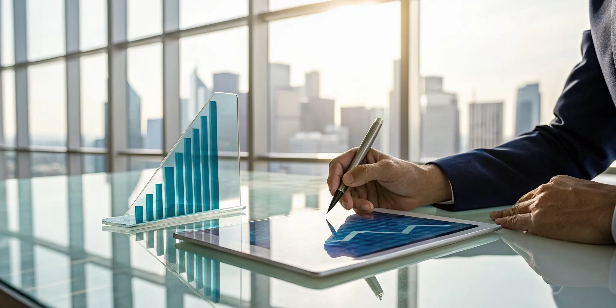 An investment advisor analyzes a defined outcome strategy on a tablet with a rising bar chart.