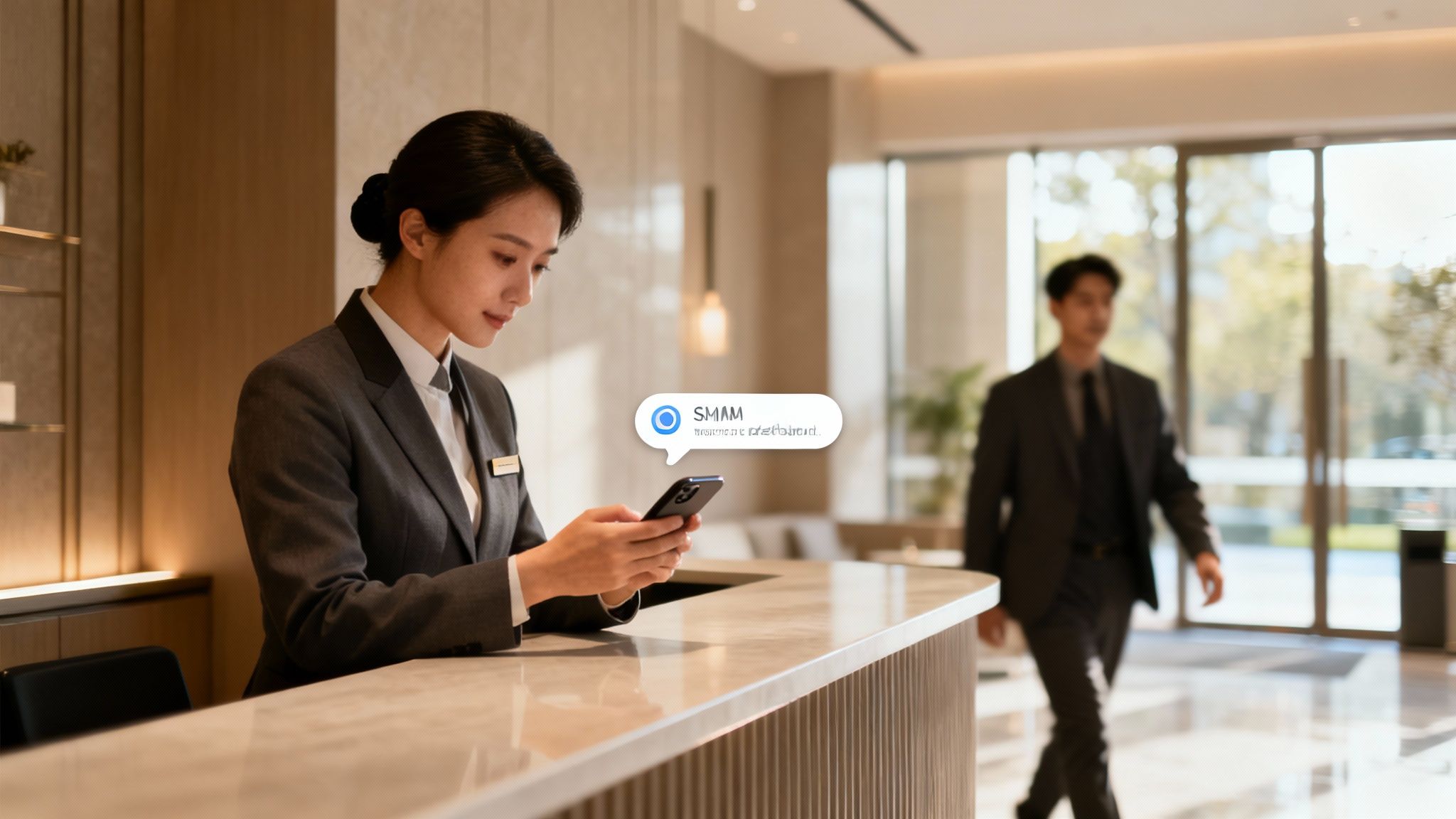 A hotel receptionist uses a smartphone at the front desk, with a 'SMAM' feedback tool overlay.