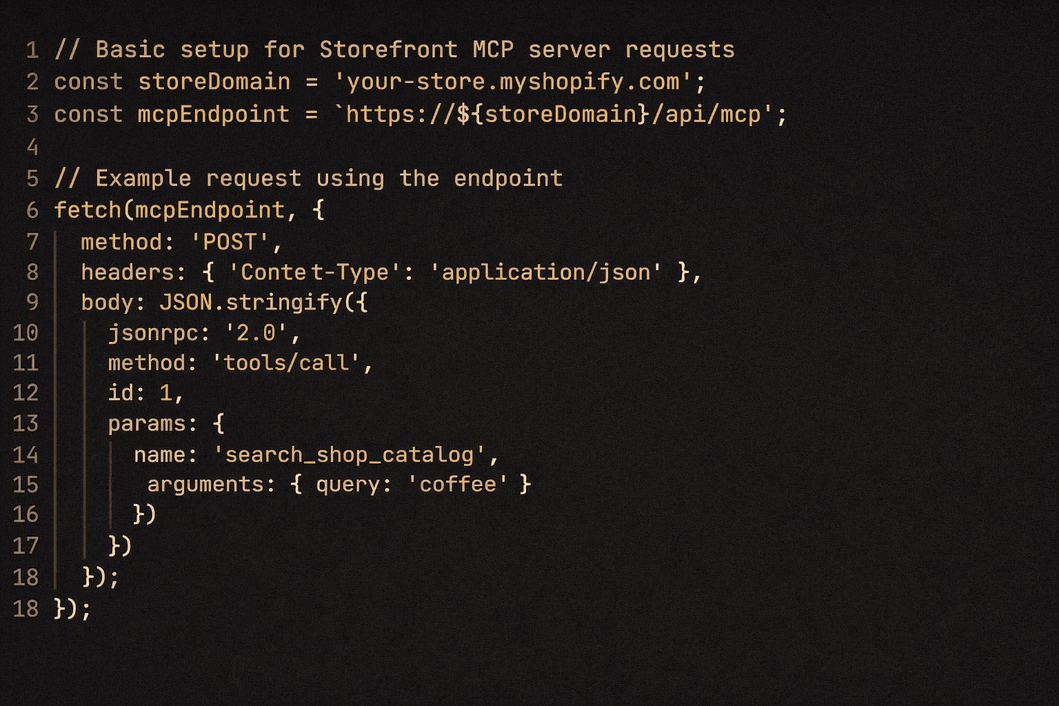Code example showing a JavaScript request to a Shopify Model Context Protocol endpoint, demonstrating how an AI agent calls an API to search a shop catalog.