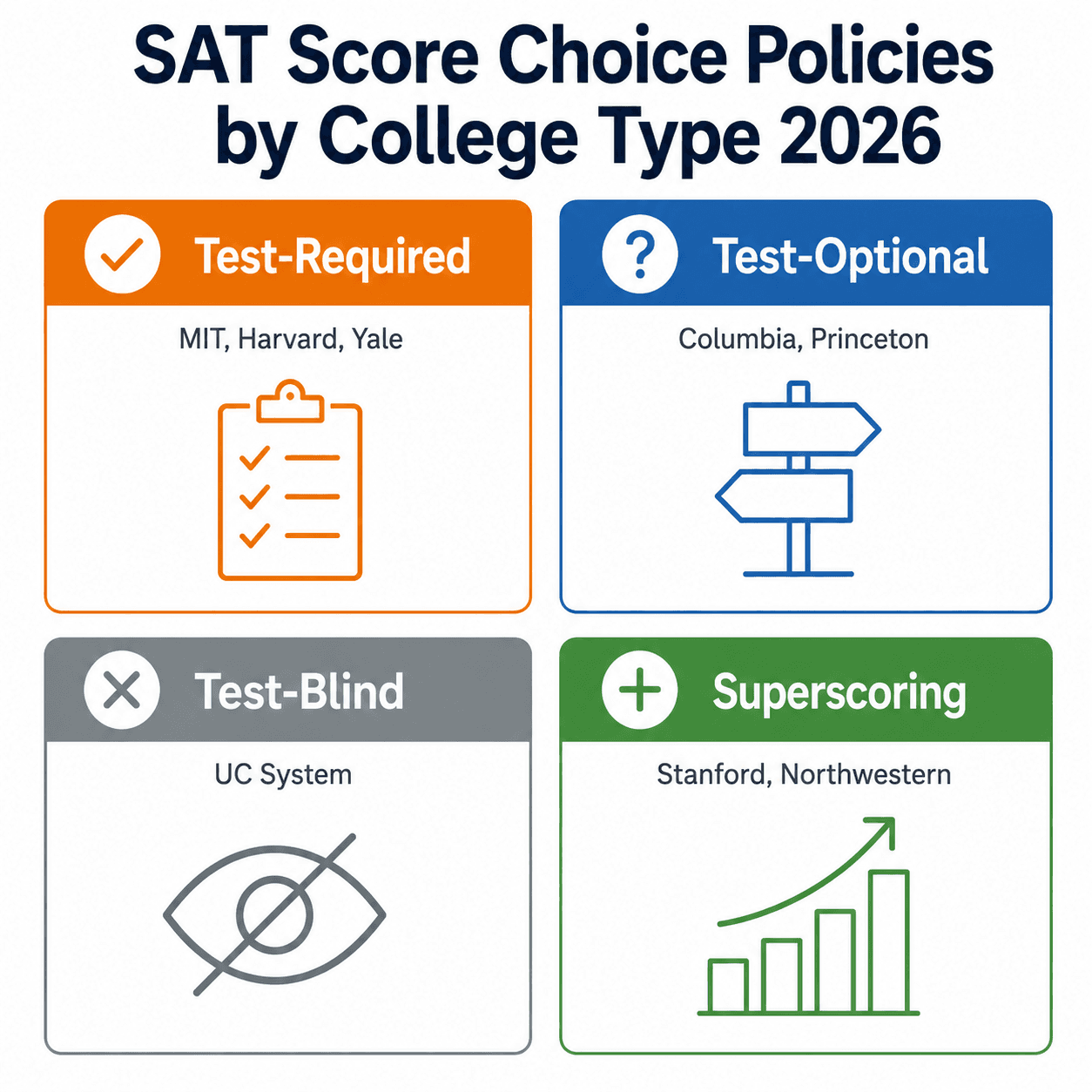 SAT Score Choice policies by college type for Fall 2026 admissions. Covers test-required, test-optional, test-blind UC system, and superscoring schools.