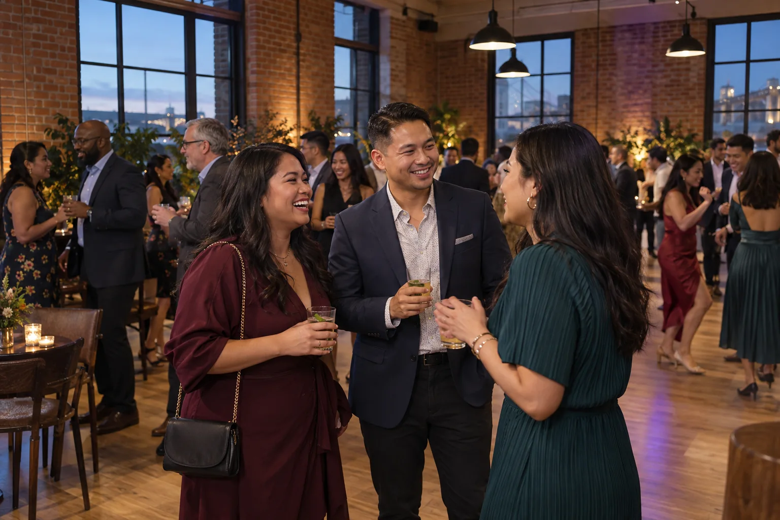 Corporate celebration concept with colleagues mingling in a brick event venue.