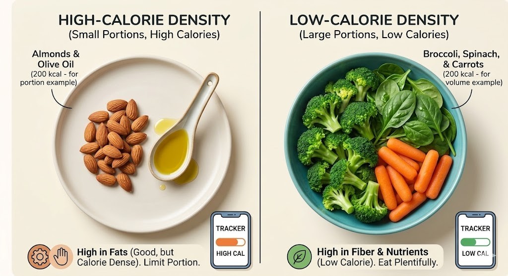 A side-by-side comparison illustrating high and low calorie density in foods. The left side shows a small portion of almonds and a spoonful of olive oil labeled "High-Calorie Density," noting it is high in fats. The right side shows a large bowl filled with broccoli, spinach, and carrots labeled "Low-Calorie Density," noting it is high in fiber and nutrients. Both sections include a food tracker graphic on a smartphone screen indicating their relative calorie density.