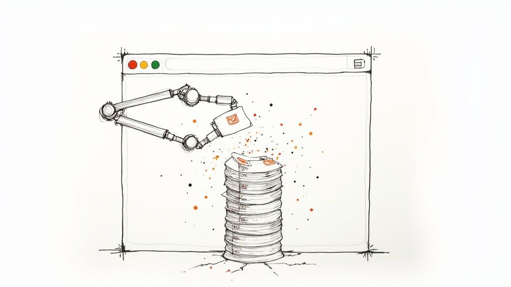 A robotic arm from a browser window deposits an email onto a stack of letters.