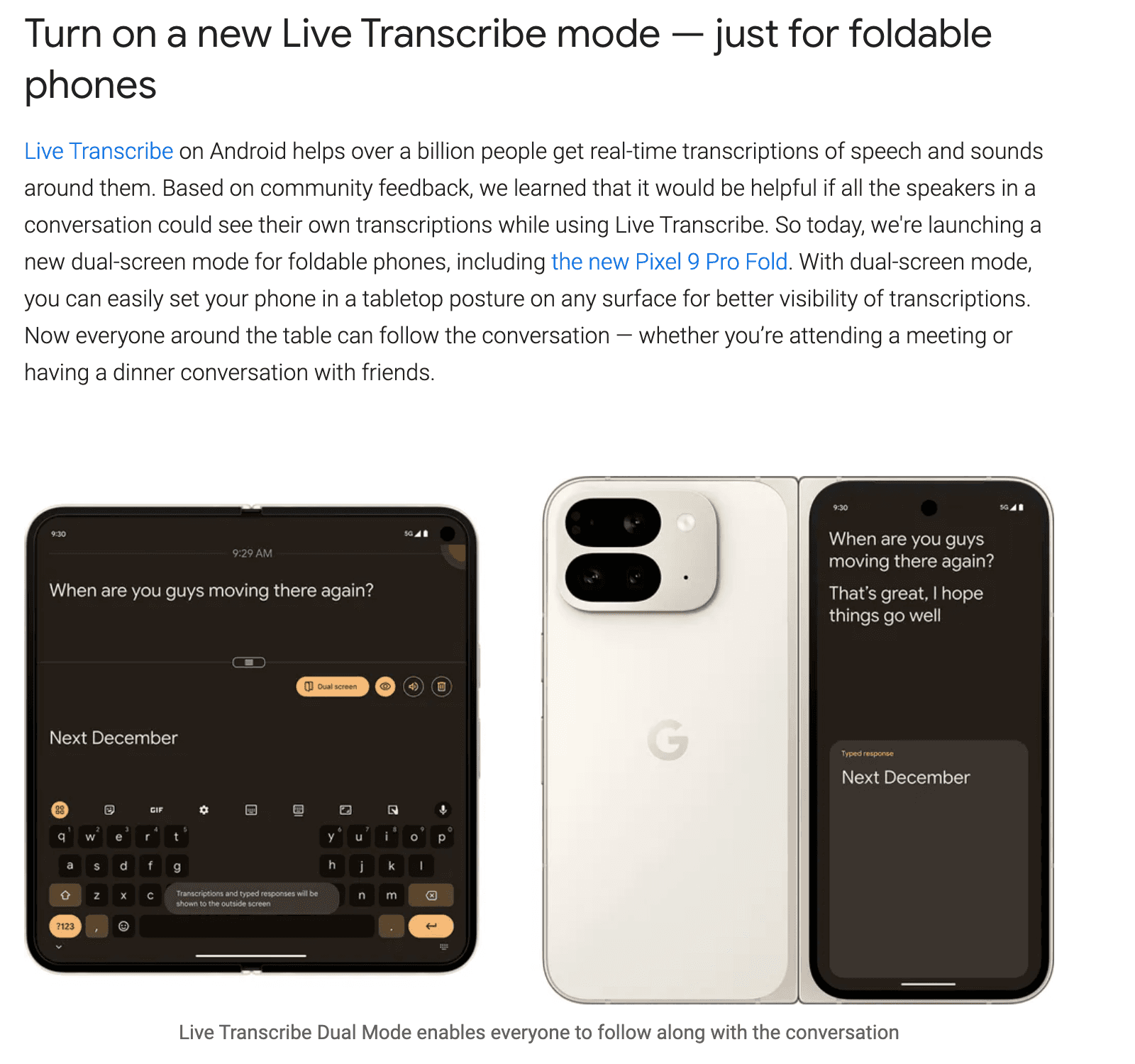 Pixel Fold announcement of Live Transcribe Dual Mode