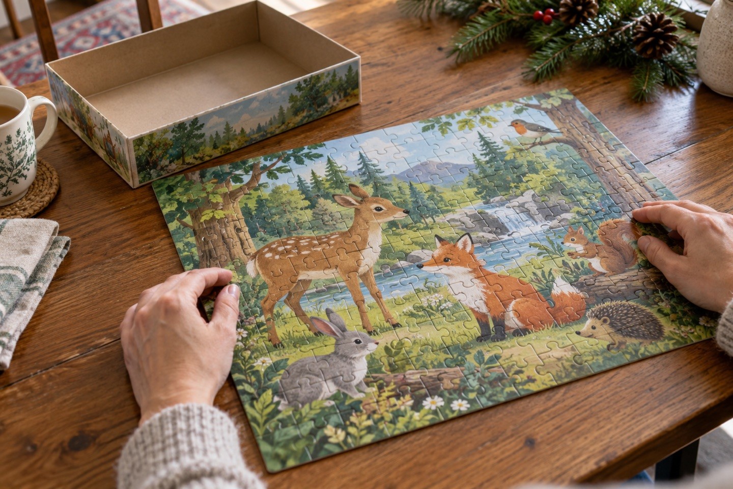 Deux mains vérifient un puzzle assemblé représentant des animaux de la forêt.