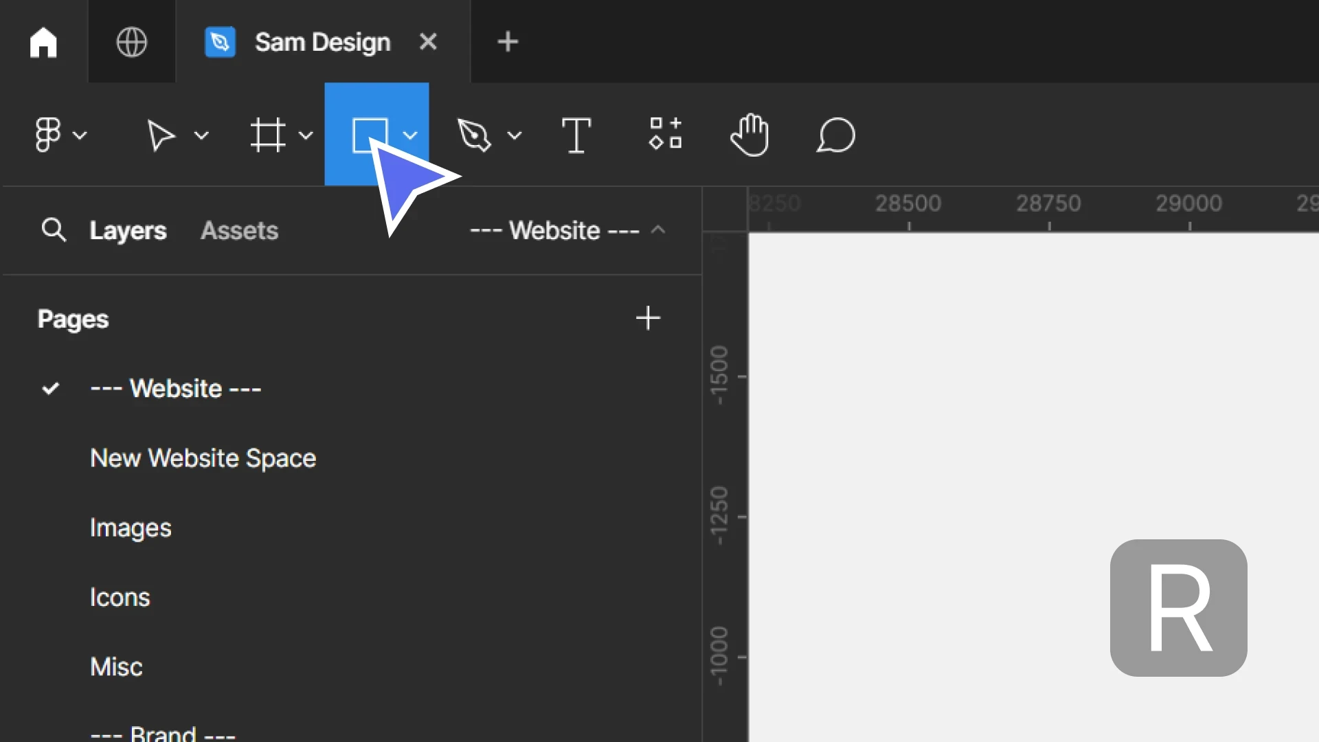 A cursor hovering over the add rectangle button on the main Figma toolbar