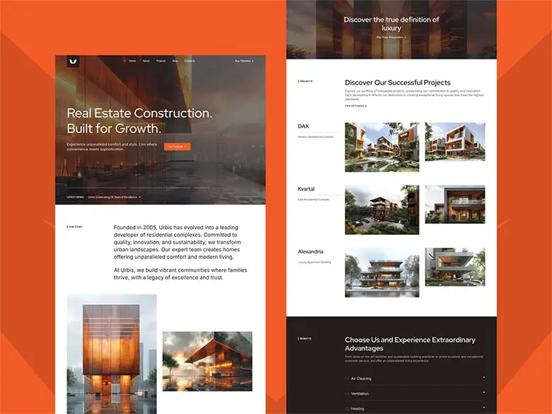 Urbis real estate website UI preview, Framer template with projects and property sections