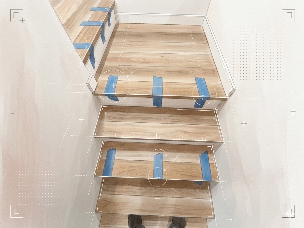 illustrative example of LVP stair bullnose repair in modern townhouse