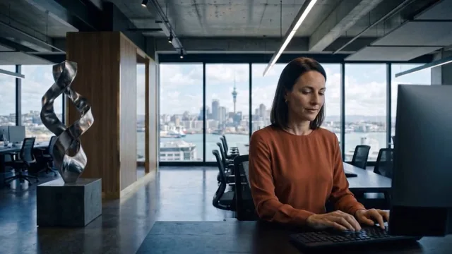 A woman at a desk in an office with a view of Auckland