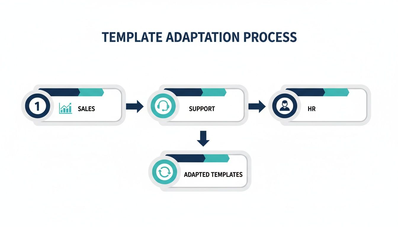 A flowchart illustrating the template adaptation process with steps: Sales, Support, HR, and Adapted Templates.