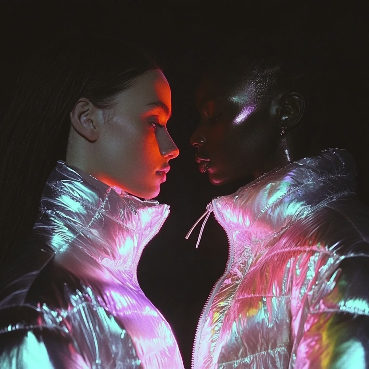 Two women in iridescent puffer jackets face each other under dramatic lighting, creating a futuristic and artistic vibe.