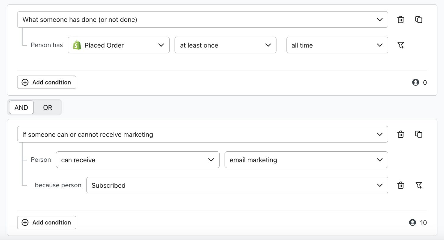 Klaviyo Personalized Segmentation Dashboard: Example of Klaviyo's segmentation tool, displaying conditions to target customers based on marketing permissions and past orders.