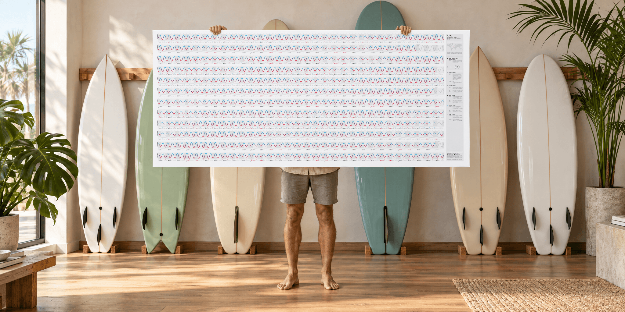 The XII lines of tides poster framed on a concrete wall, surfboards and fins lined up beside it
