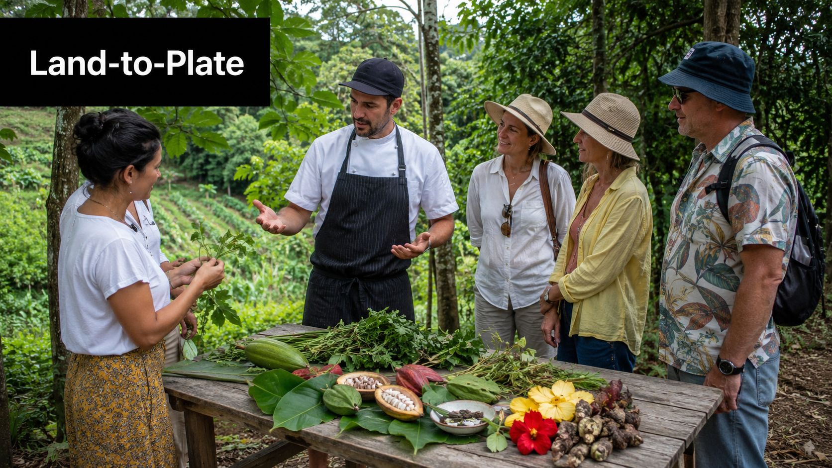 A chef showing fresh farm produce and tropical plants to a group of tourists outdoors