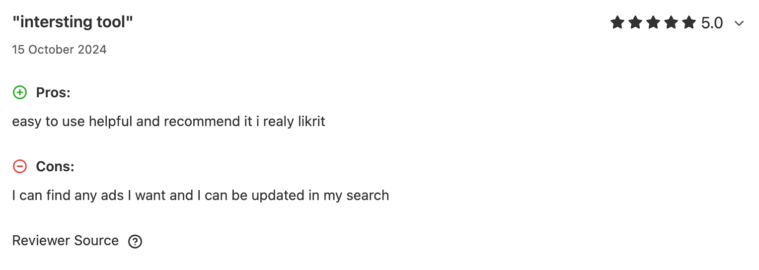 AdSpy user review with 5 star rating highlighting ease of use