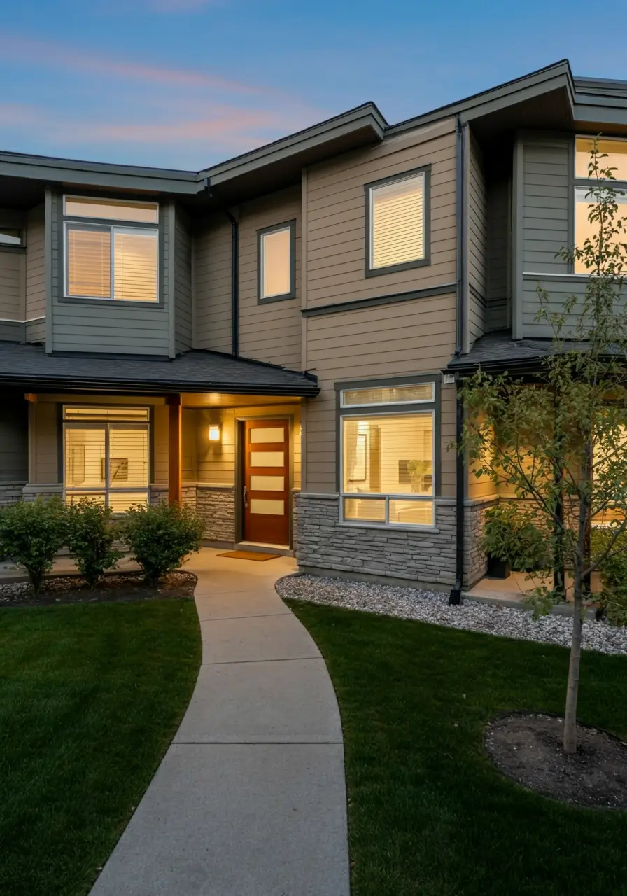 Concept design of a semi-detached home exterior with modern siding, stone accents, and a well-lit entrance surrounded by a landscaped yard in Calgary.