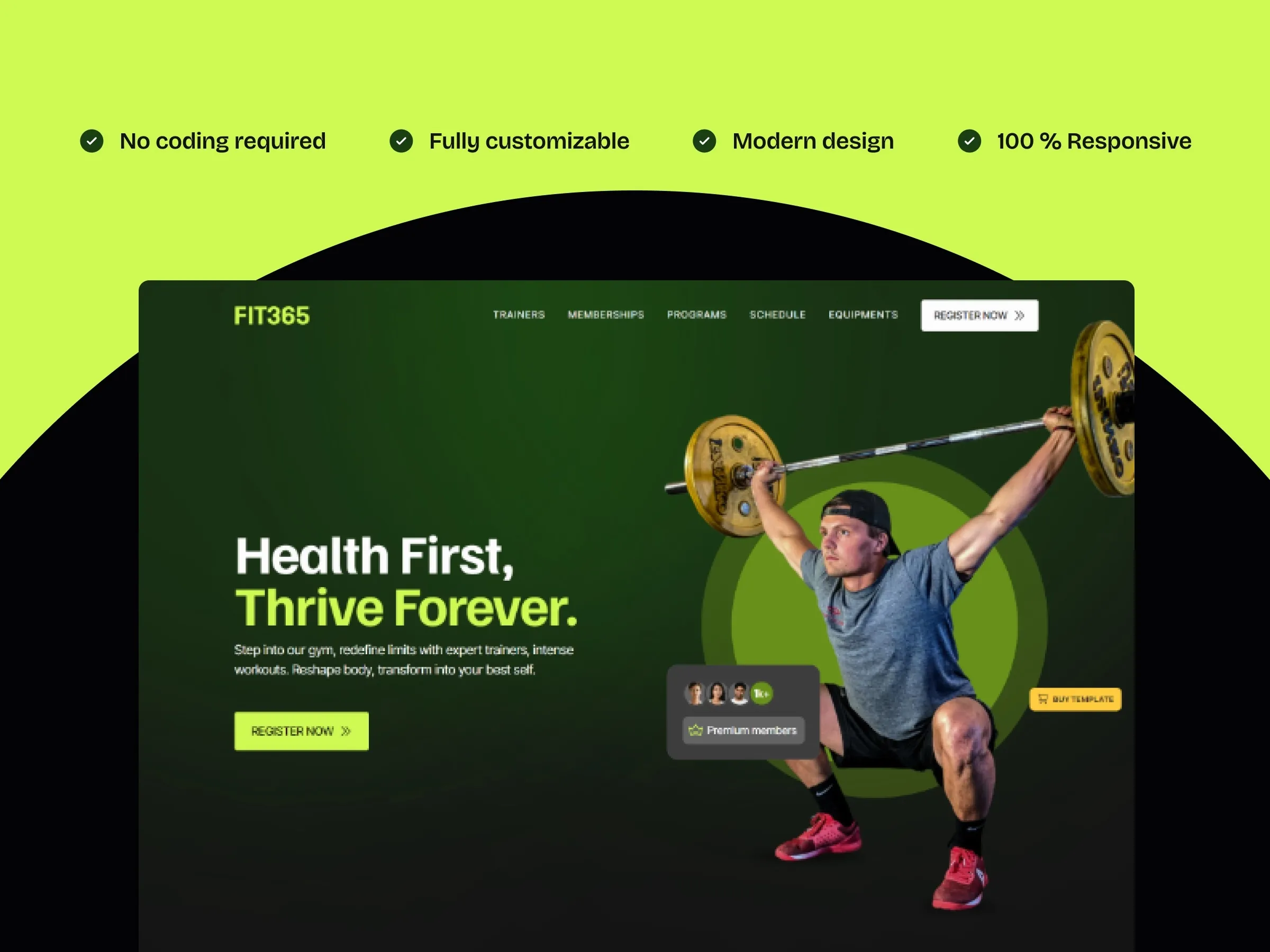 Fit365 fitness and wellness dark-green template with weightlifter hero image, register CTA, and premium members.