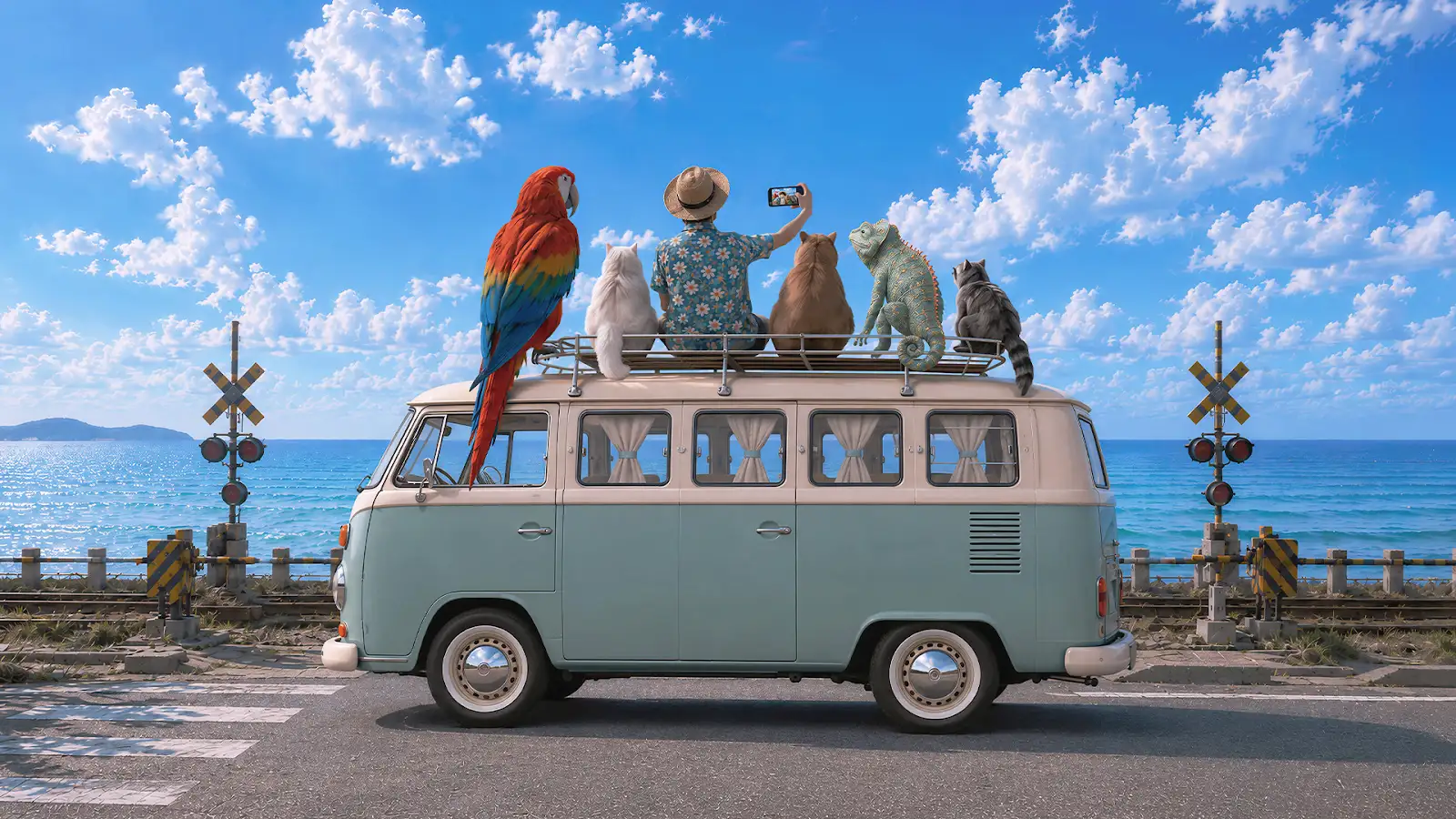 Selfie Boy and animal companions on a coastal road trip