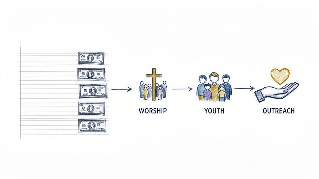 Illustration showing dollar bills flowing into church functions: worship, youth, and outreach programs.