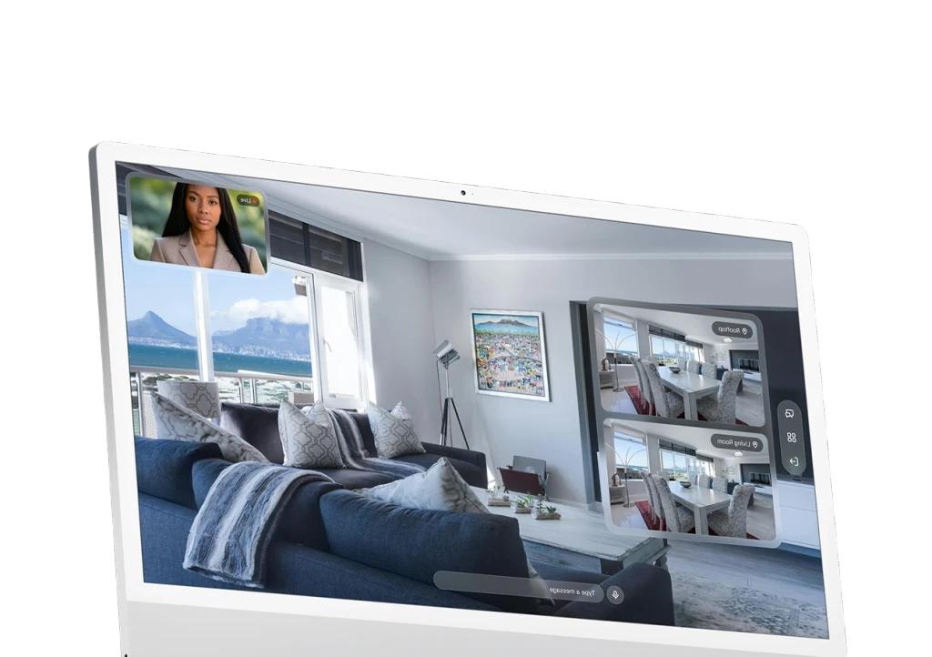 Path guided virtual tour of a living room with the AI concierge in the corner