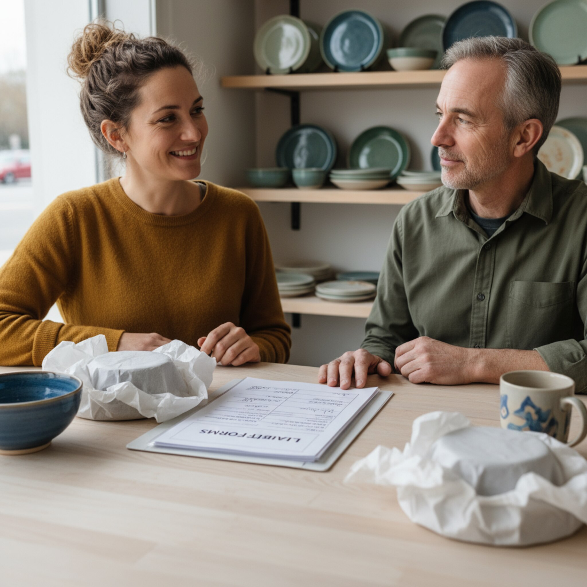 Am Tresen werden fertige Stücke in Seidenpapier gewickelt, daneben liegen unterschriebene Haftungsformulare in einer Mappe. Ein zufriedenes Lächeln und ein kurzer Handschlag begleiten die Übergabe. Im Hintergrund glänzen frisch glasierte Teller im Regal. Alles wirkt sauber dokumentiert und abgeschlossen.