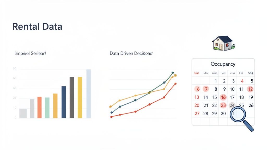A dashboard displaying rental data with a bar chart, line chart, and an occupancy calendar with highlighted dates.