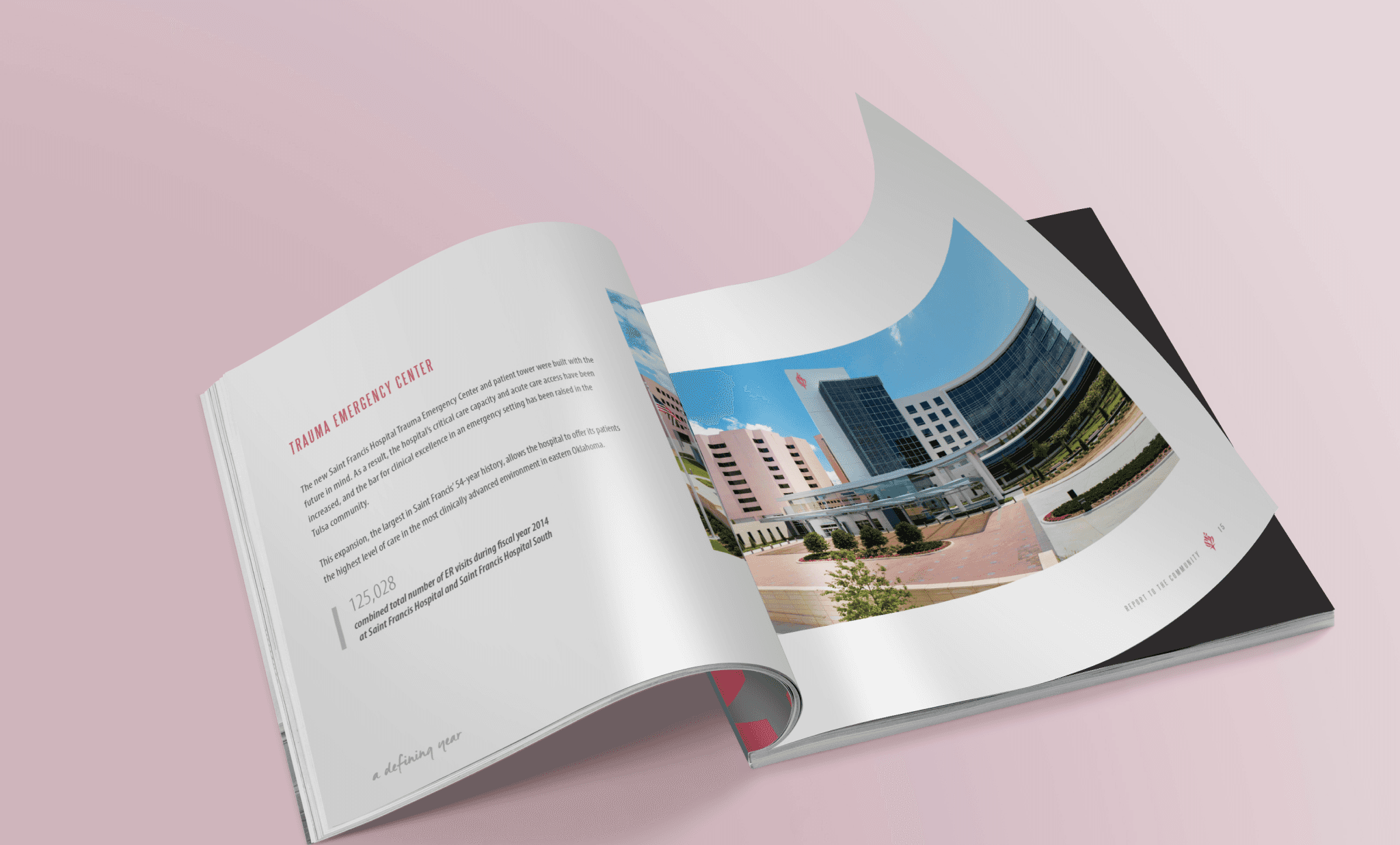 A page spread with a photo of a large modern building