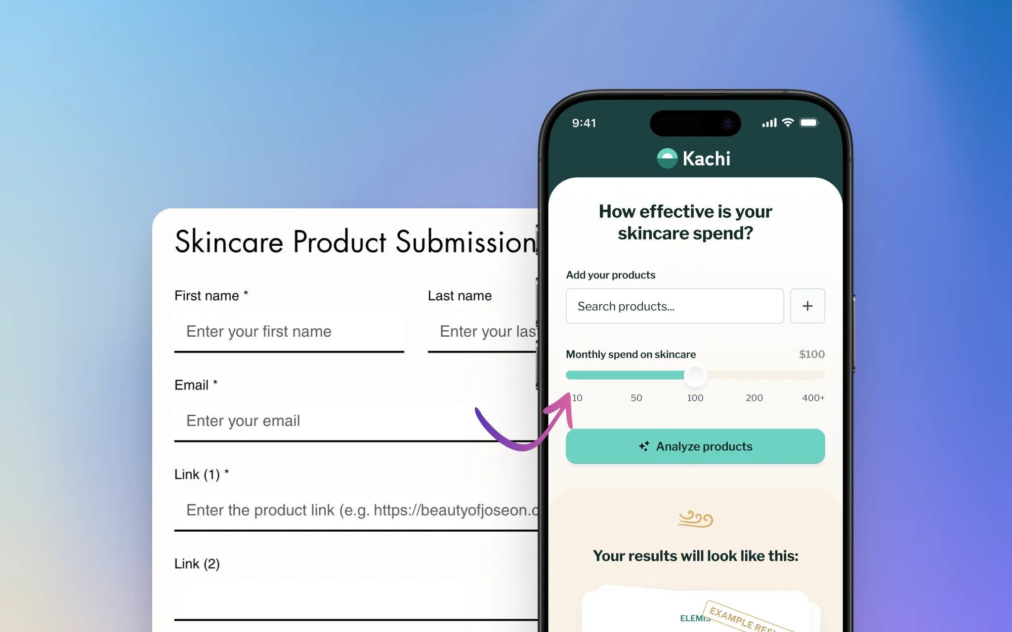 Kachi app transformation: Before and after comparison showing evolution from basic email submission form to polished mobile app interface with product search and analysis functionality