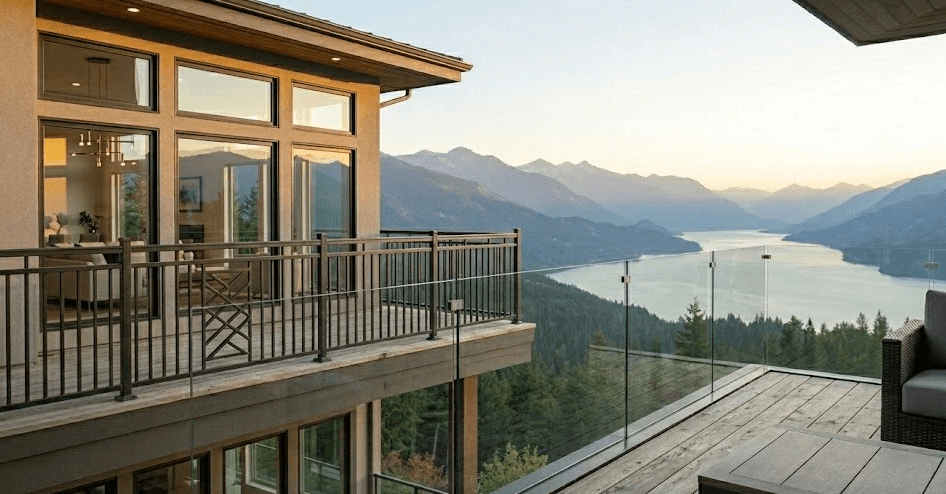 A high-angle view from an expansive wooden deck featuring a frameless glass railing that provides an unobstructed view of a vast lake winding through forested mountains at sunset. To the left, the modern two-story home shows large windows and an upper-level balcony enclosed with a dark metal picket safety railing.