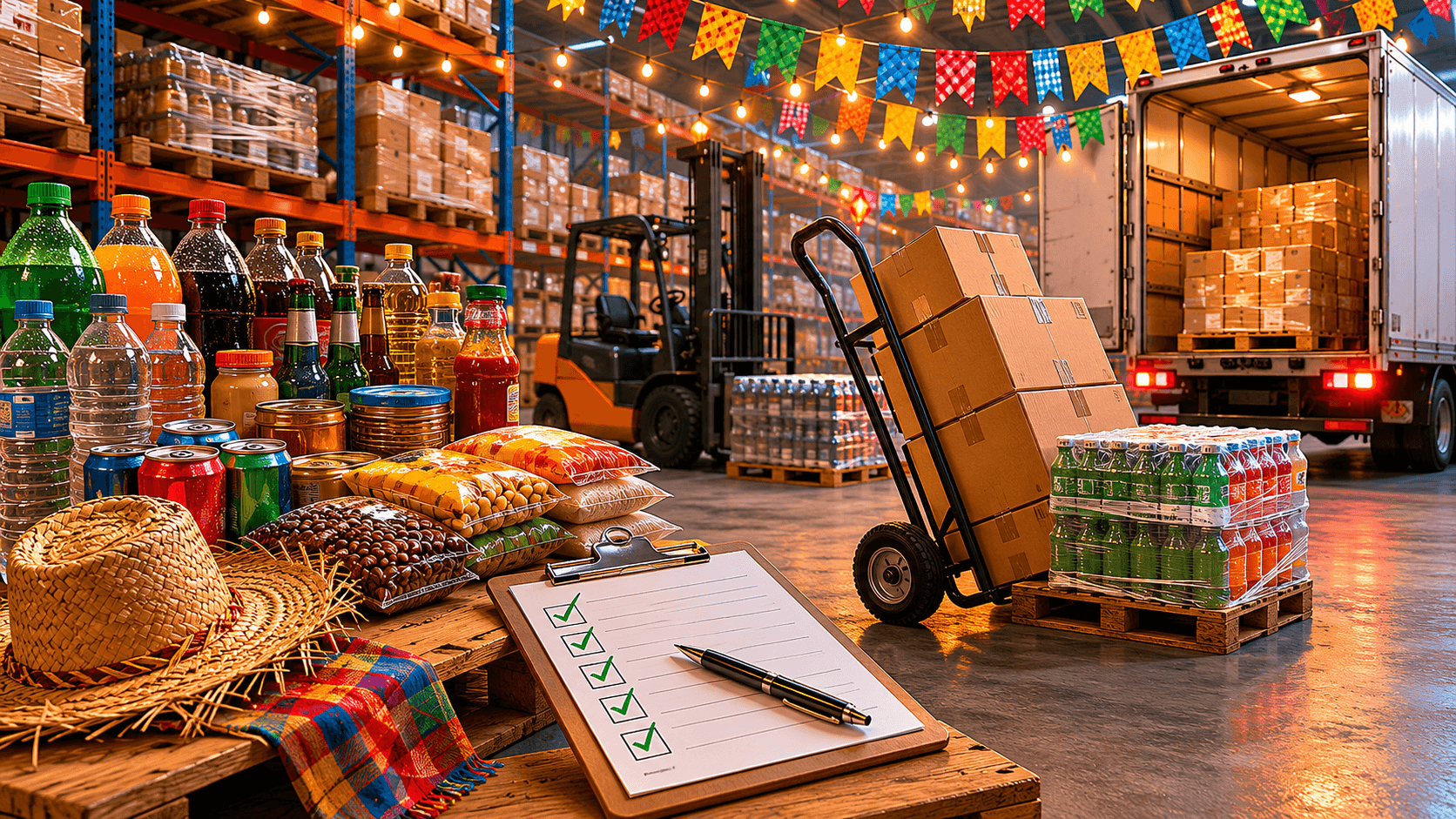 Centro de distribuição de alimentos e bebidas preparado para alta demanda de festas juninas, com estoque organizado em pallets, caixas e bebidas armazenadas em grandes prateleiras industriais. Ambiente amplo de armazém logístico em estilo realista 3D, com carrinho de carga, caminhão de entrega ao fundo e produtos separados para expedição, transmitindo eficiência operacional, planejamento de pedidos e agilidade nas entregas.
