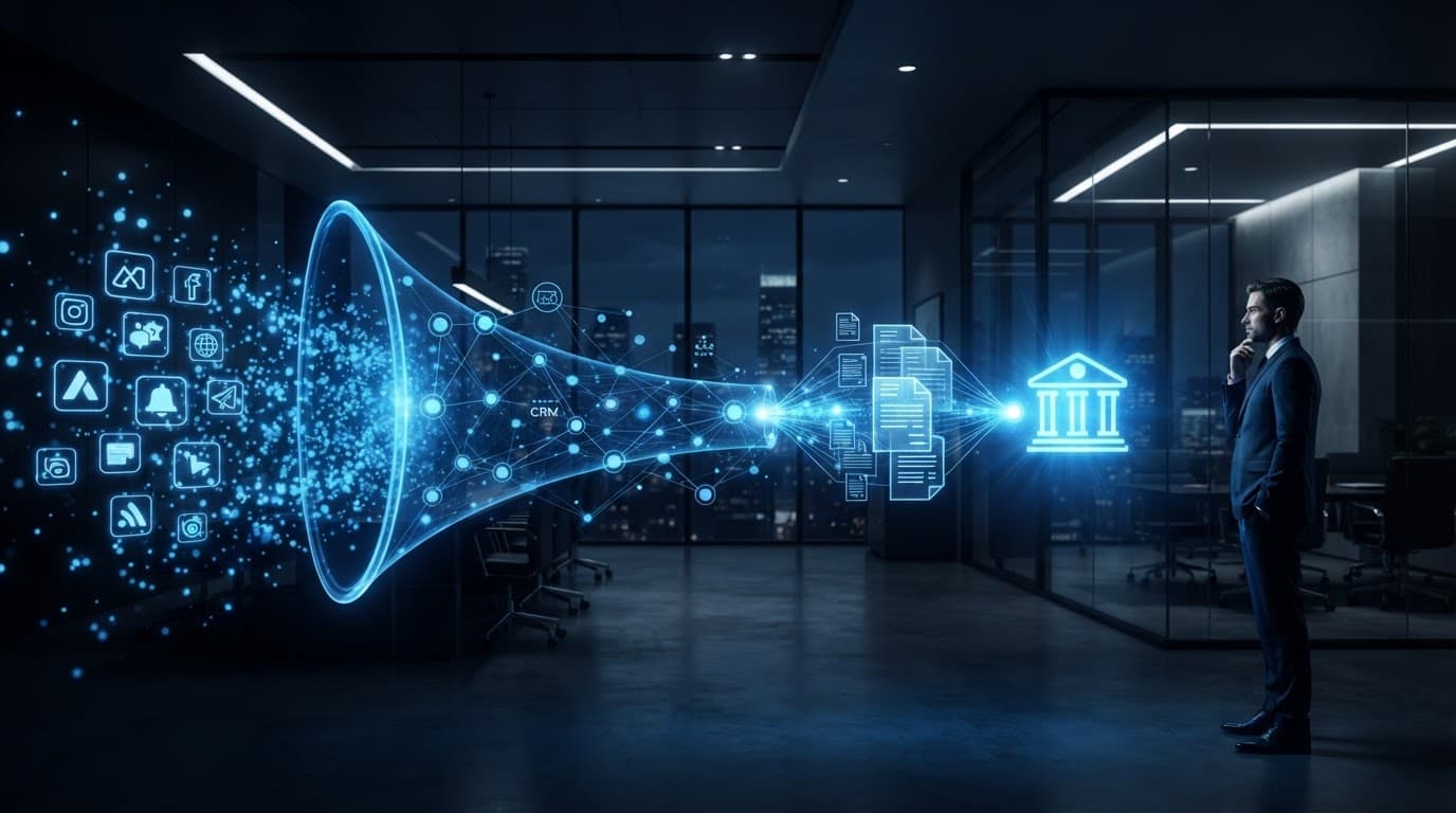 One person watches glowing blue nodes flow from ads through a CRM pipeline to invoices and a bank statement.