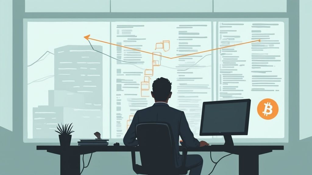A person views a large screen displaying financial market data, charts, and a Bitcoin logo in an office.