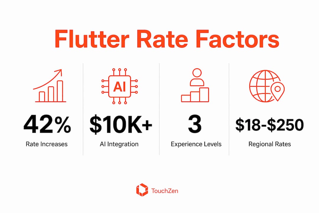 Infographic showing key stats about Flutter developer rates in 2026