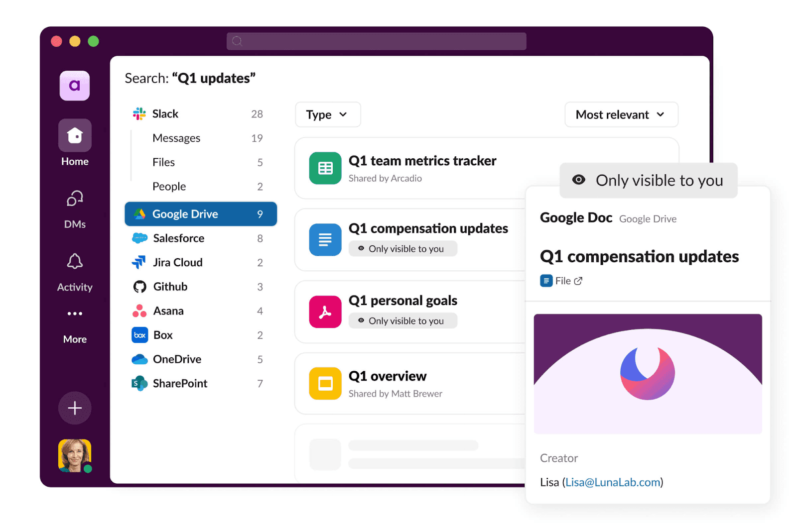 Slack’s search results for files, messages, and integrations