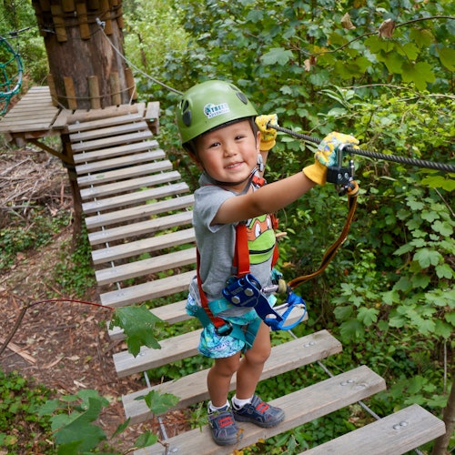 A child wearing climbing gear and a helmet stands on a wooden bridge in a forest, holding onto a safety rope.