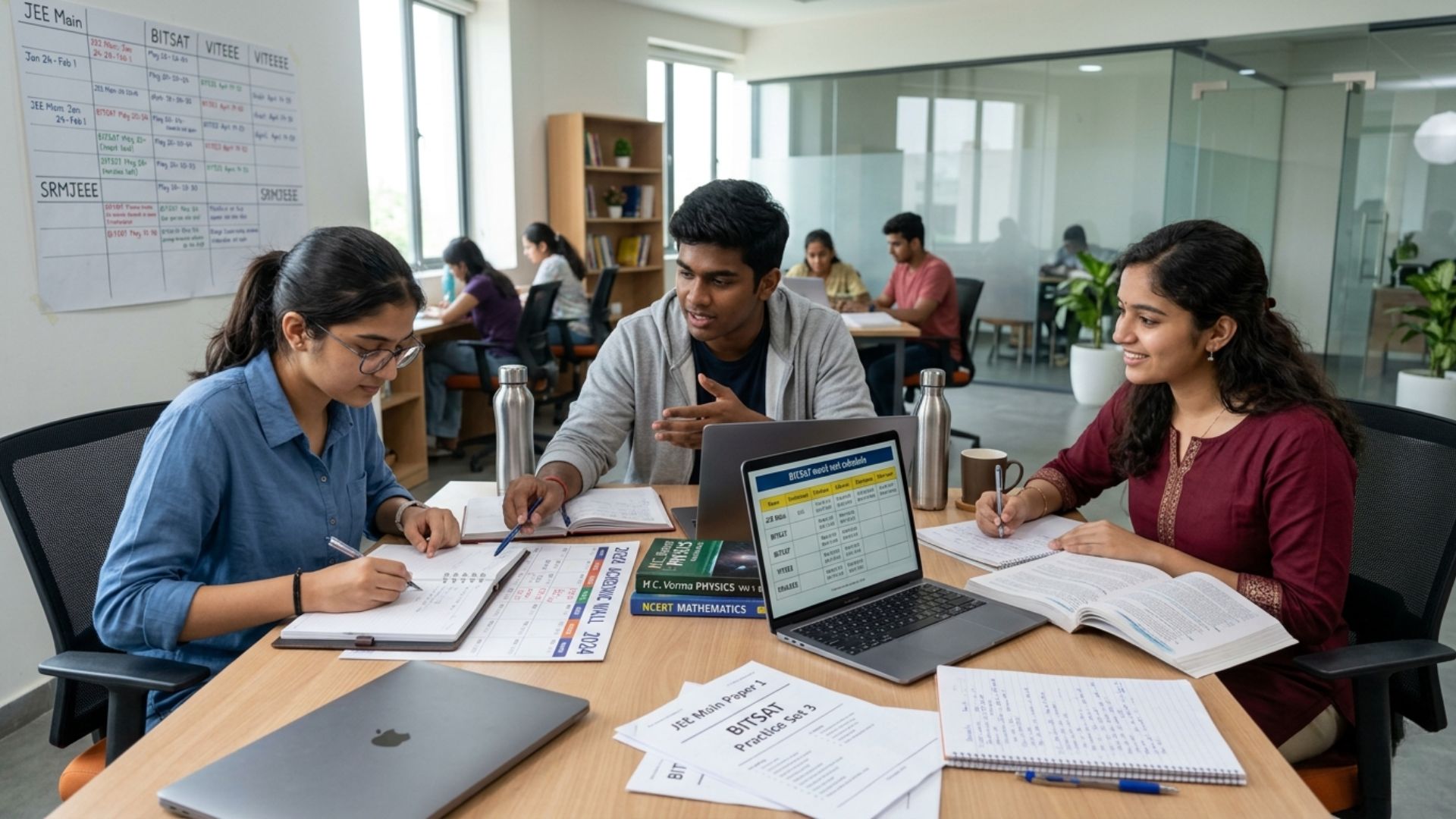 Students preparing together for entrance exams after 12th science in a study room with exam schedules and notes