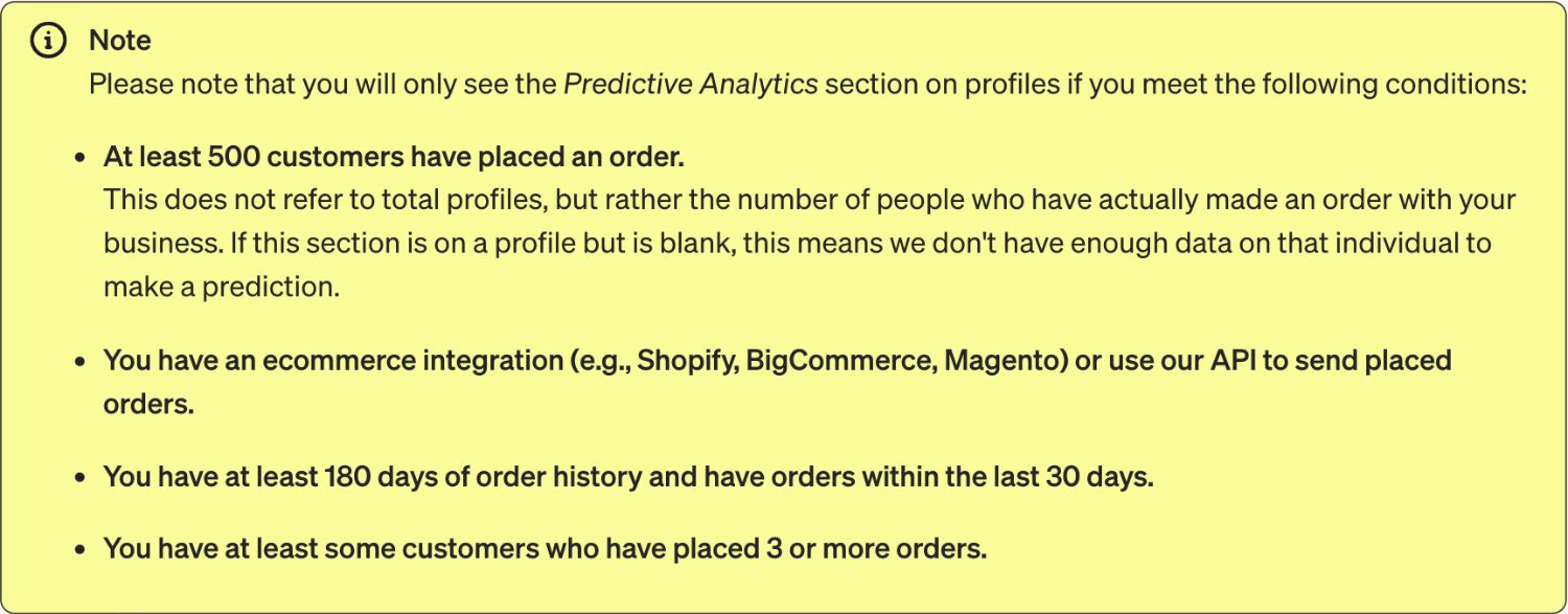 Predictive Analytics.jpeg – A Klaviyo predictive analytics dashboard displaying total customer lifetime value (CLV), churn risk, and expected date of next order.