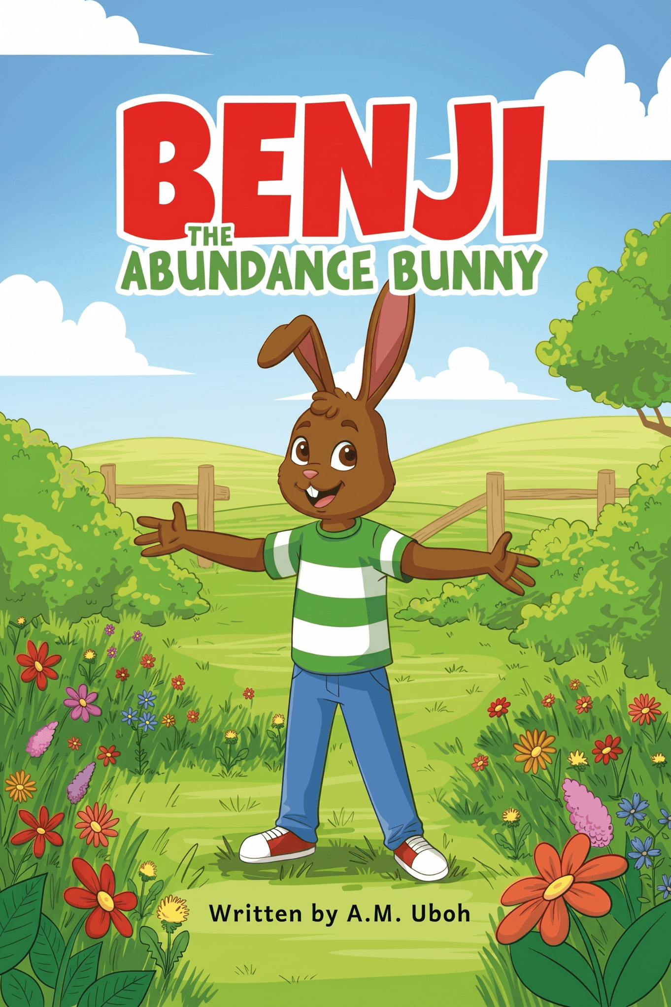Cover of Benji the Abundance Bunny featuring a smiling cartoon rabbit in a flower-filled meadow.