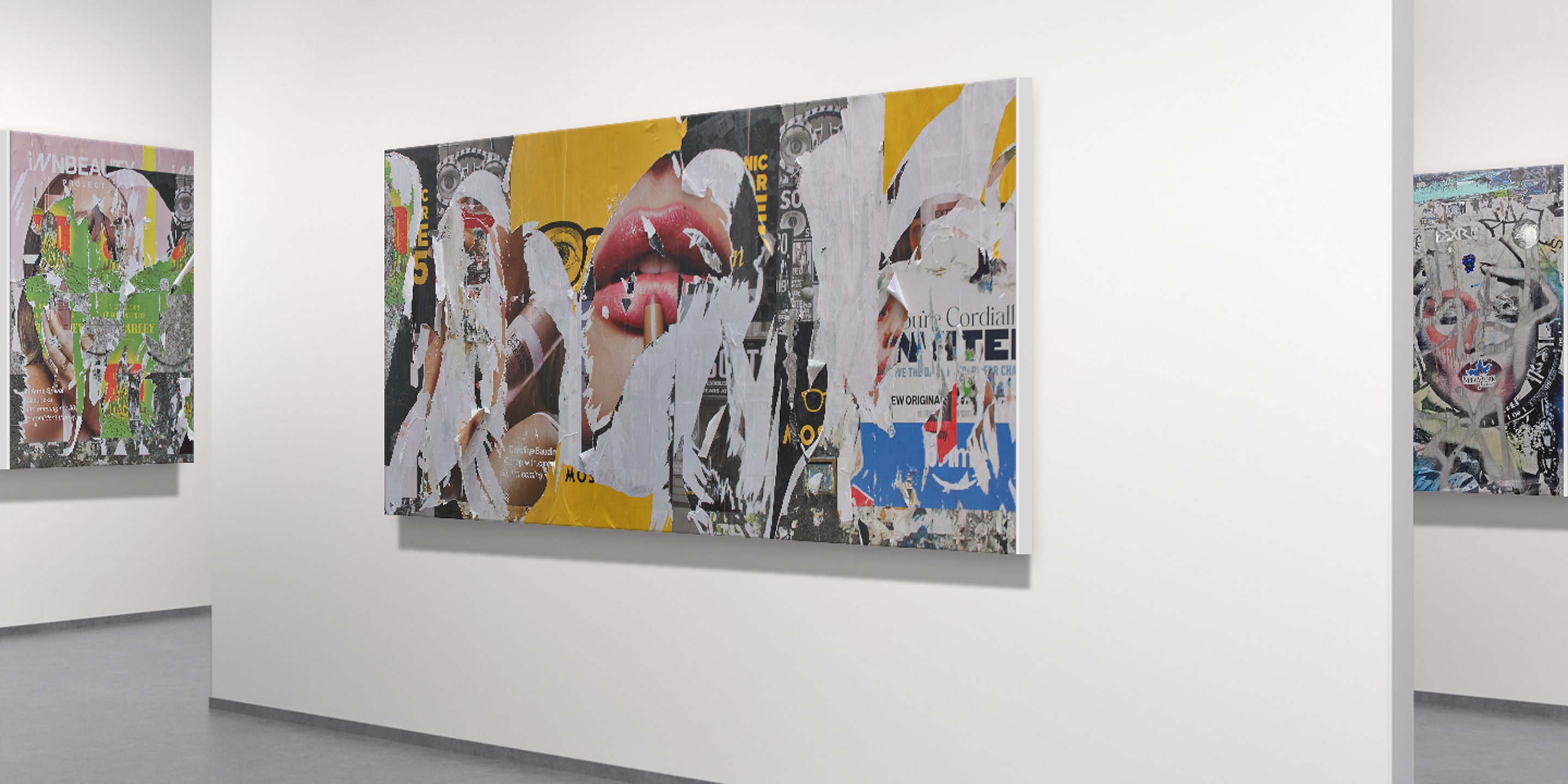 Large-scale collage photograph displayed in a white gallery, featuring layered torn posters revealing lips, text, and fragments of color. The image captures texture, decay, and the tension between advertising and abstraction.