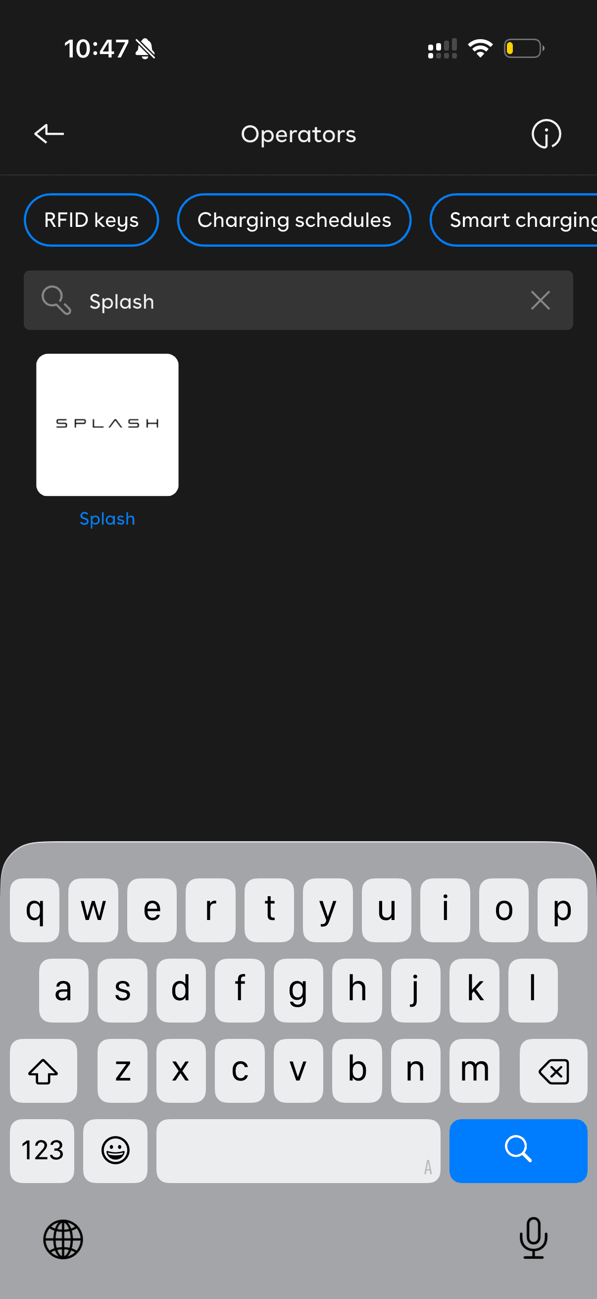 Operators search showing Splash result