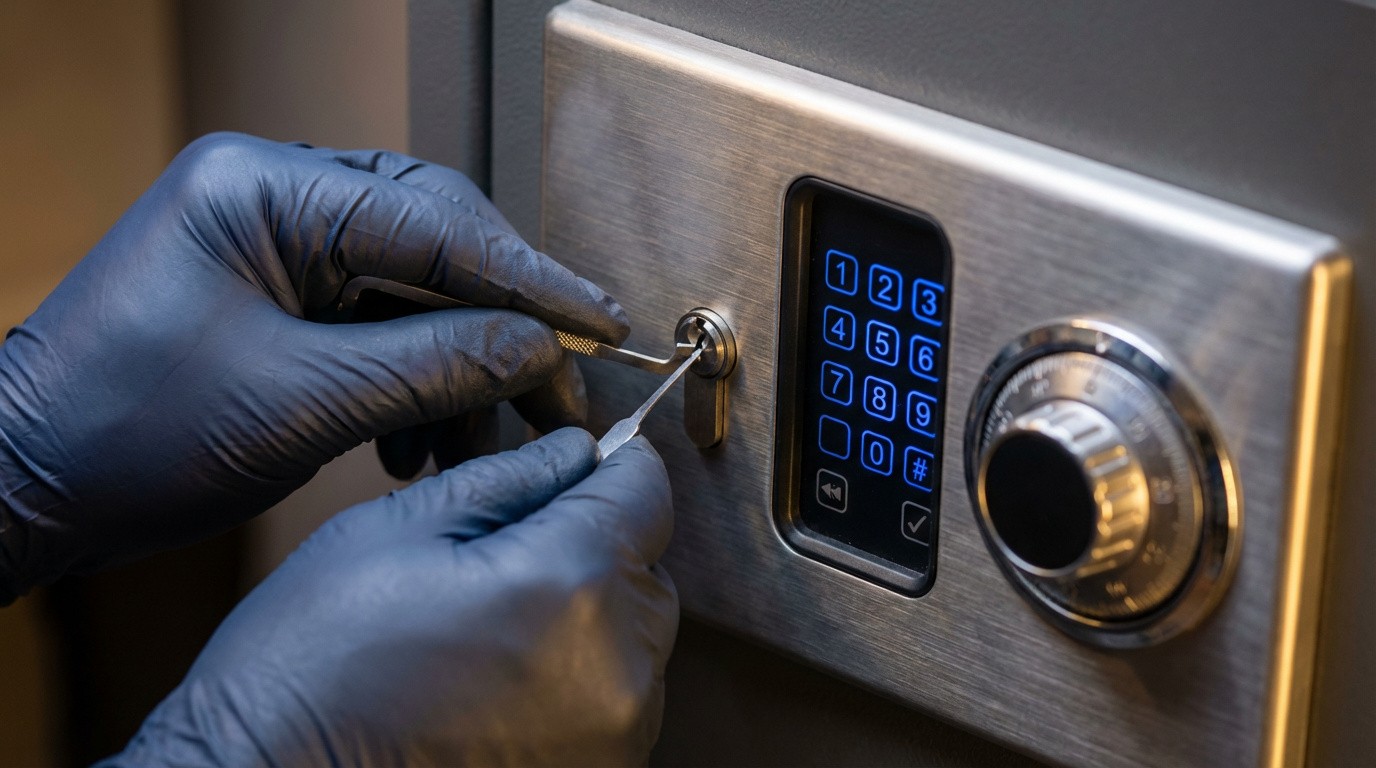 Técnico abriendo una caja fuerte en Madrid con herramientas profesionales sin causar daños.