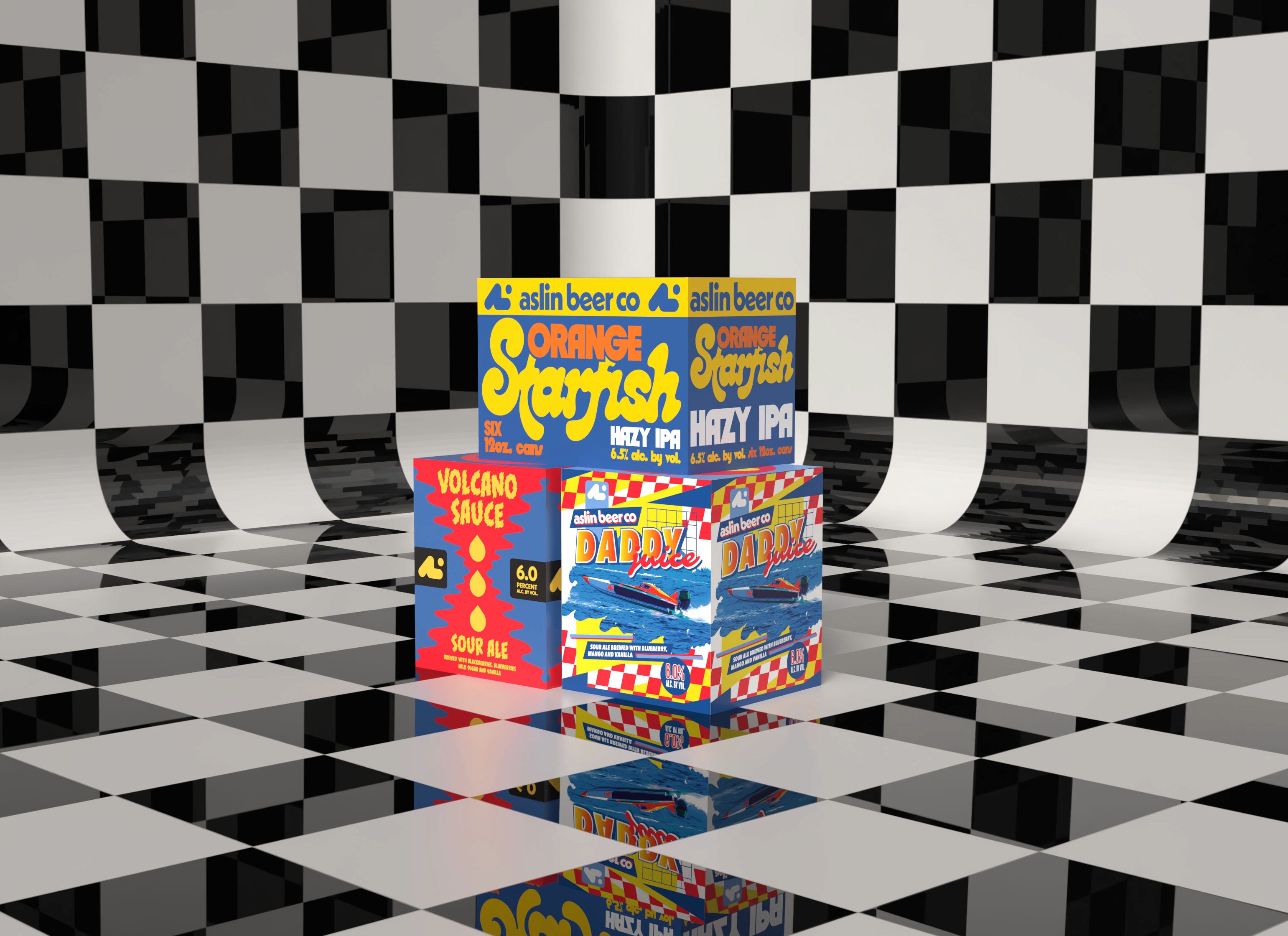 Stack of Aslin Orange Starfish, Volcano Sauce and Daddy Juice Beer Can Boxes