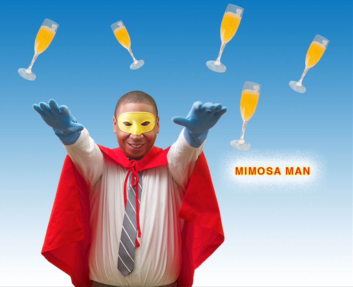 A man wearing a red cape, white shirt, and striped tie stands with his arms raised against a blue gradient background. Four champagne flutes containing orange liquid are positioned above his head. The text "MIMOSA MAN" is written in orange letters to the right of the figure.