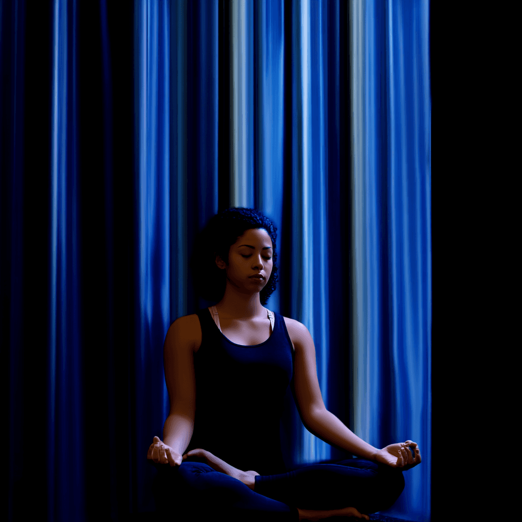 Yoga intructure in a medative posture with blue curtains behind her.