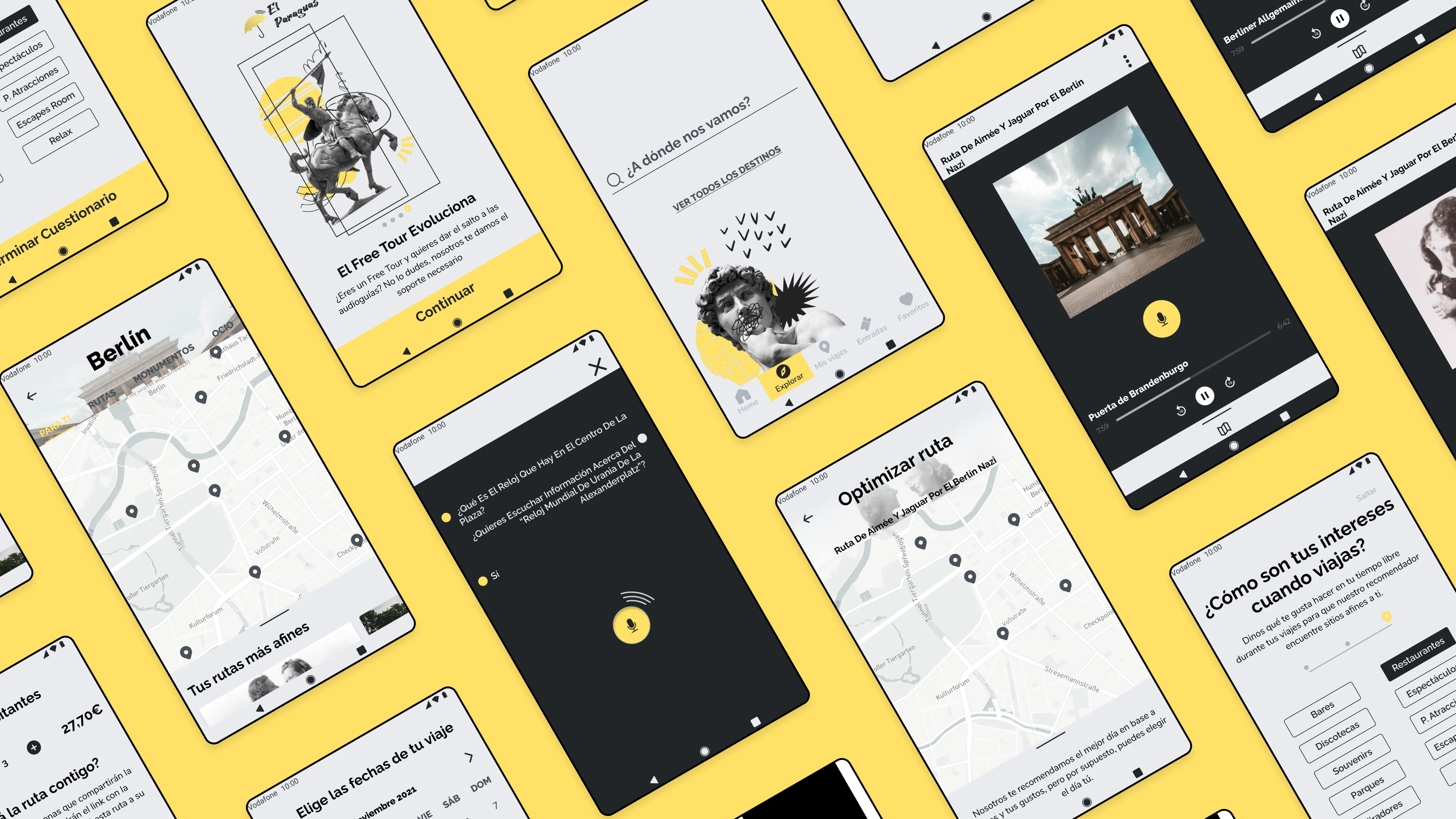 A variety of mobile devices on a yellow background, showcasing mockups of a travel app.