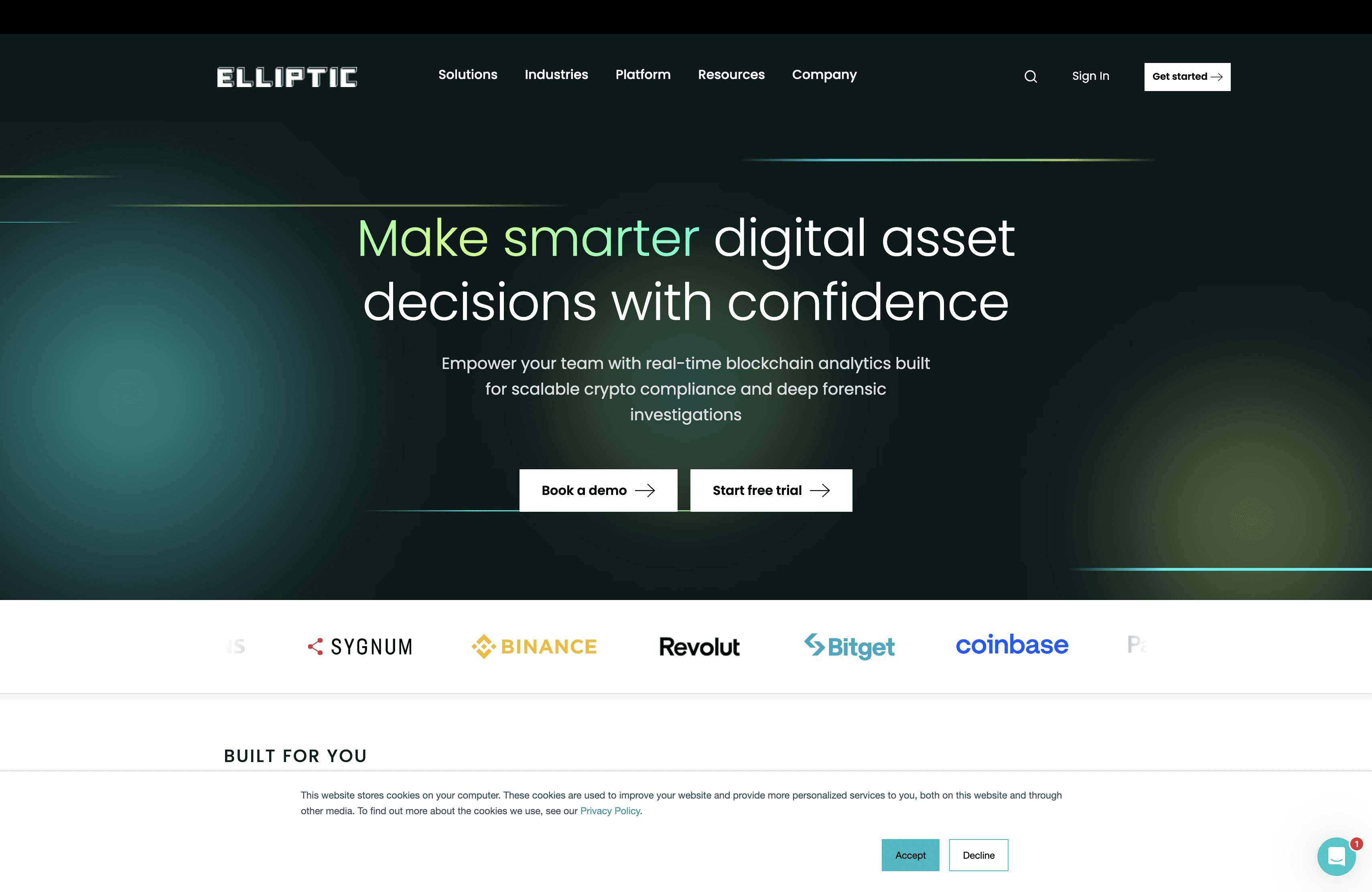 Elliptic crypto compliance and blockchain analytics platform homepage